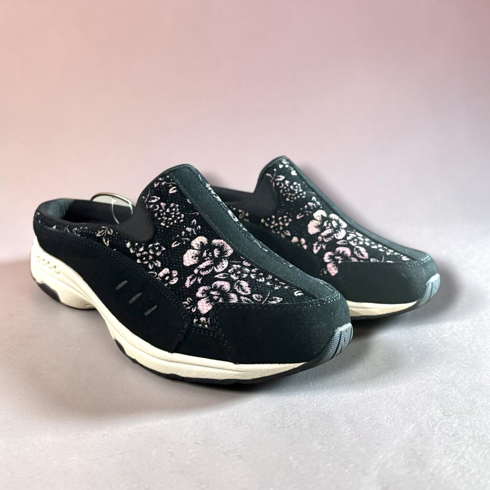 Easy Spirit Traveltime 813 Black Pink Floral Leather Clogs Mules Womens 8W